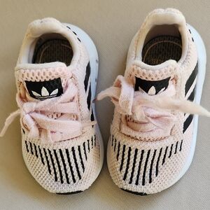 adidas Kids Light Pink Knit Sneakers with Black Stripes